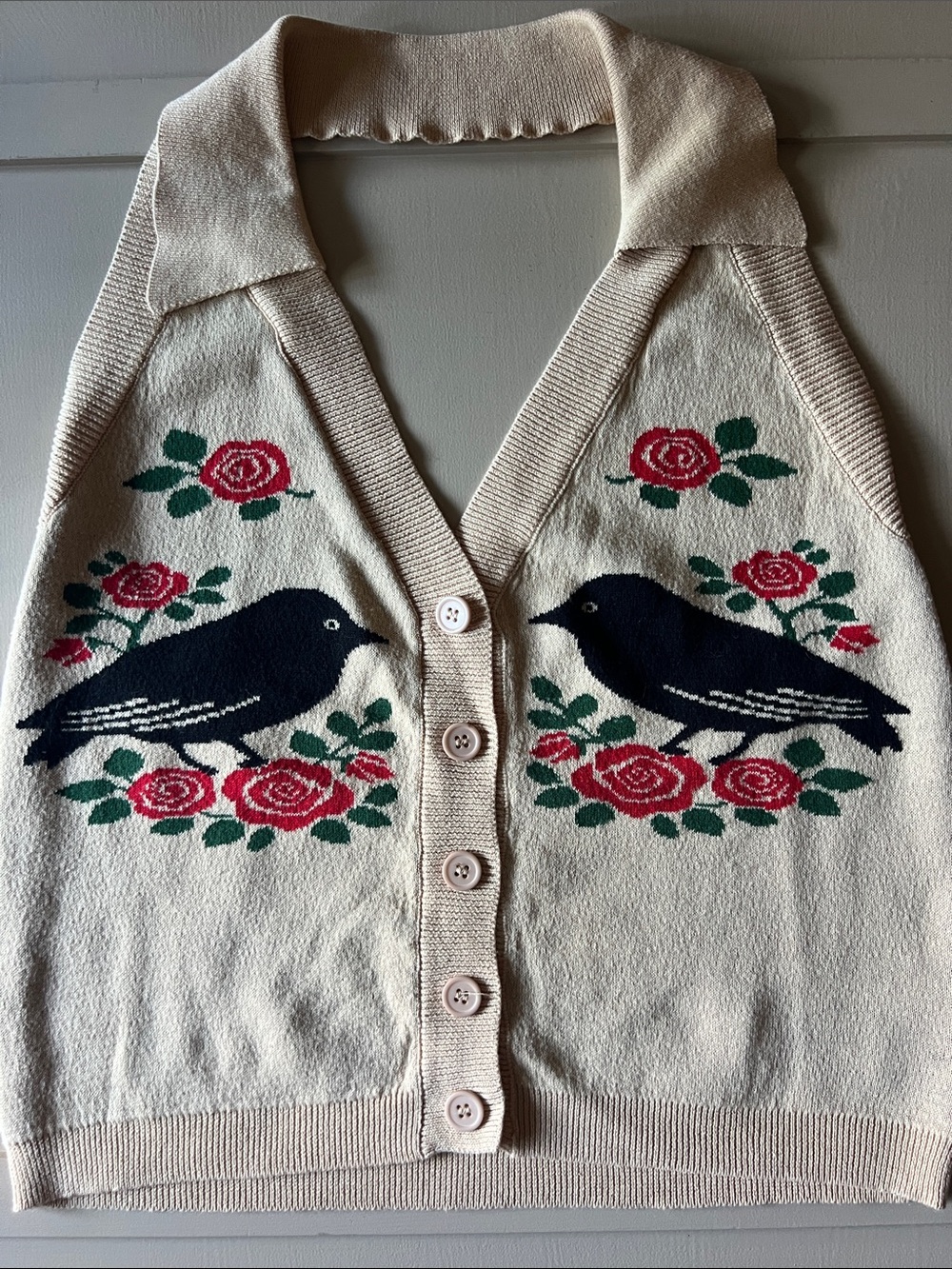 OxKnit Vintage-Inspired Cream Knit Button-Up Sweater Vest with Rose & Bird Motif